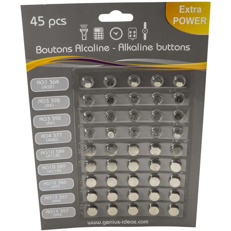 Lot de 45 piles boutons alkalines AG 1/3/4/10/12/13 - Provence Outillage