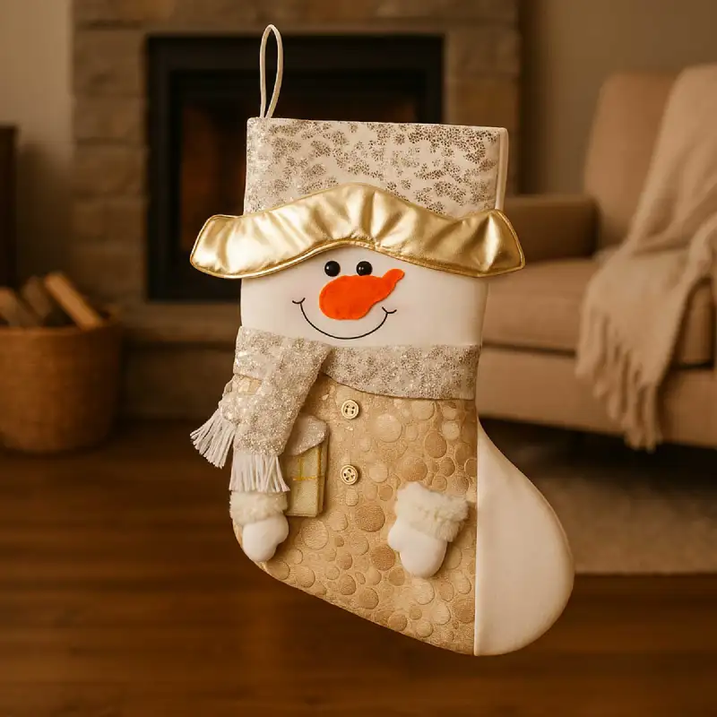 Chaussette dorée de bonhomme de neige (30 x 50 cm)