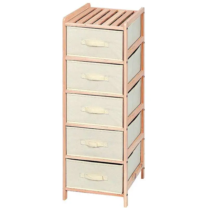 Meuble étagères bois 5 tiroirs tissu (105x34.5x36.5cm)