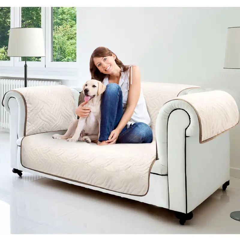 Housse De Canapé Extensible 2 Places - Tissu Jacquard Antidérapant - Protection Complète Avec Accoudoirs - Crème